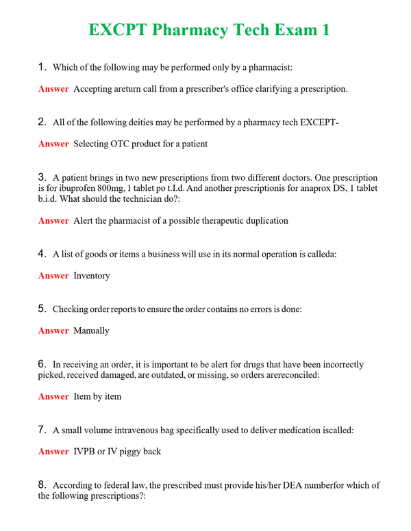 EXCPT Pharmacy Tech Exam 1 Questions With Complete Grade A+ Answers