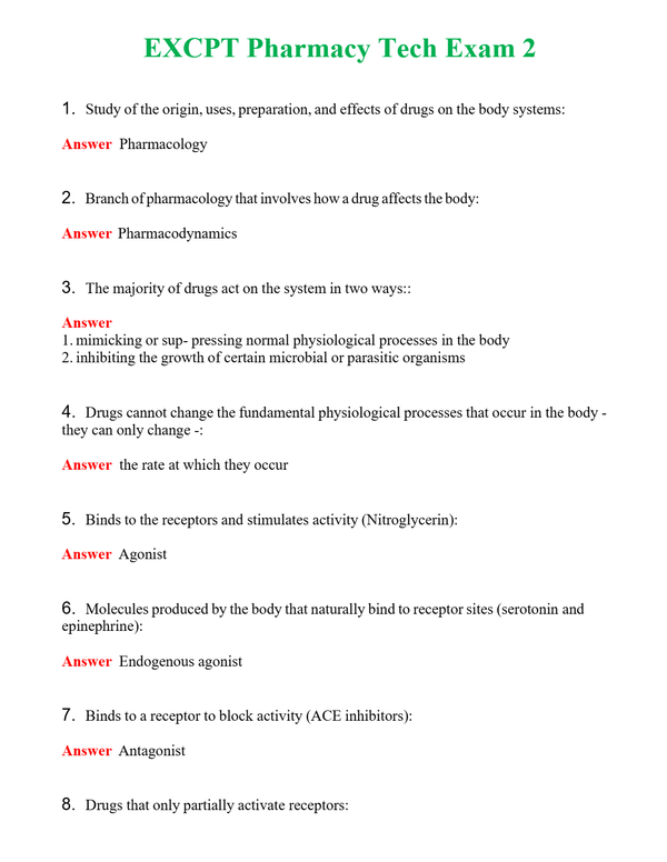 EXCPT Pharmacy Tech Exam 2 Questions With Complete Grade A+ Answers
