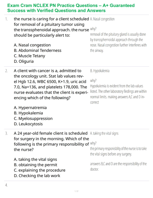 Exam Cram NCLEX PN Practice Questions – A+ Guaranteed Success with Verified Questions and Answers