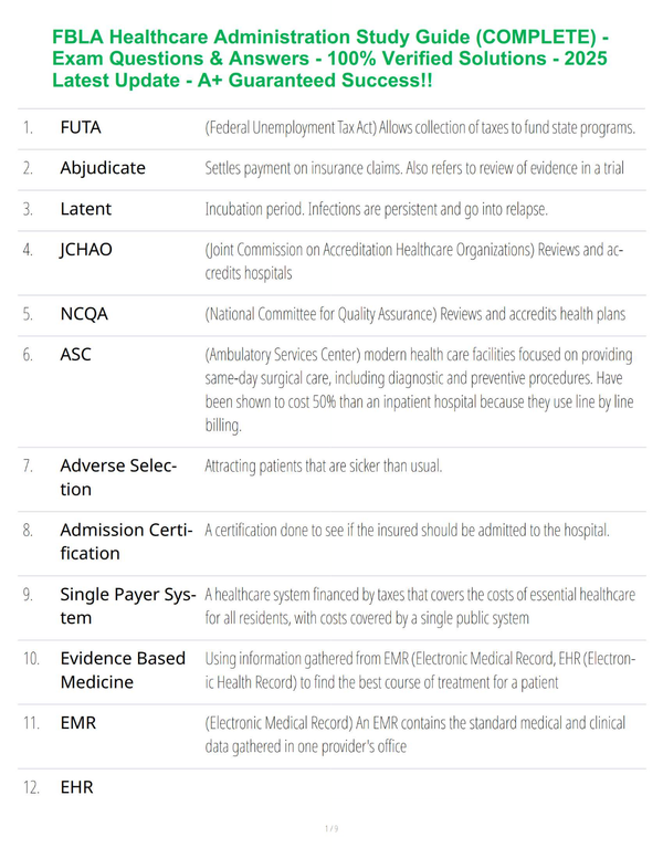 FBLA Healthcare Administration Study Guide (COMPLETE) – Exam Questions & Answers – 100% Verified Solutions | 2025 Latest Update | A+ Guaranteed Success!!