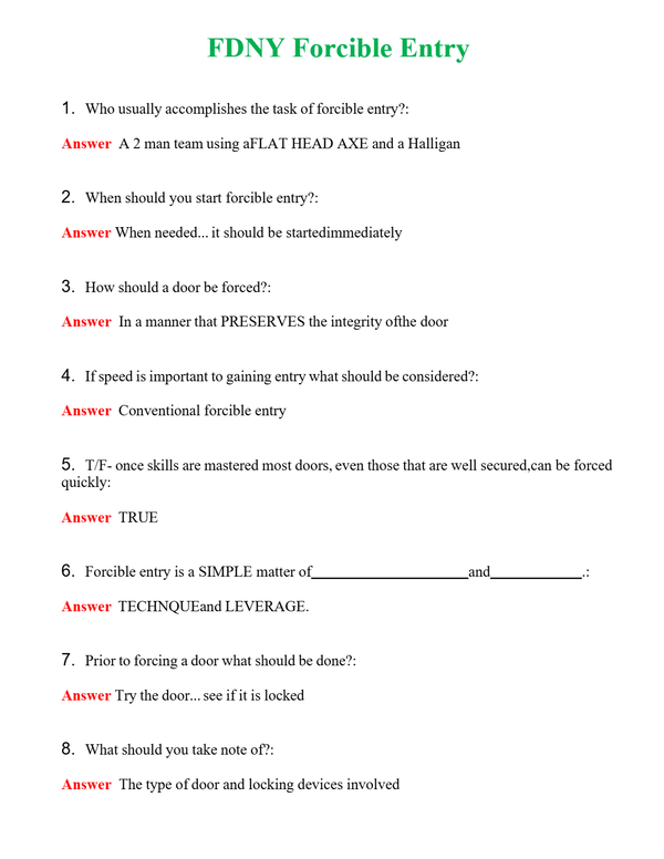 FDNY Forcible Entry | Actual Questions and Verified Answers ( Included ) 100% Correct