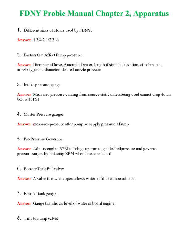 FDNY Probie Manual Chapter 2, Apparatus | Actual Questions and Verified Answers ( Included ) 100% Correct