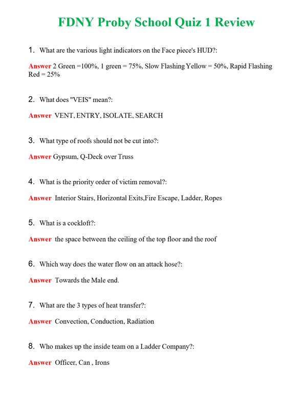 FDNY Proby School Quiz 1 Review | Actual Questions and Verified Answers ( Included ) 100% Correct