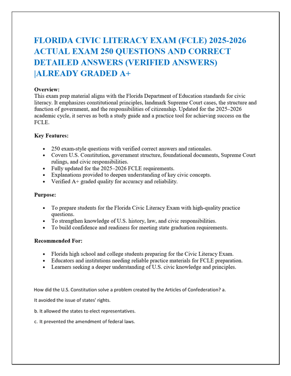 FLORIDA CIVIC LITERACY EXAM (FCLE) 2025-2026 ACTUAL EXAM 250 QUESTIONS AND CORRECT DETAILED ANSWERS (VERIFIED ANSWERS) |ALREADY GRADED A+