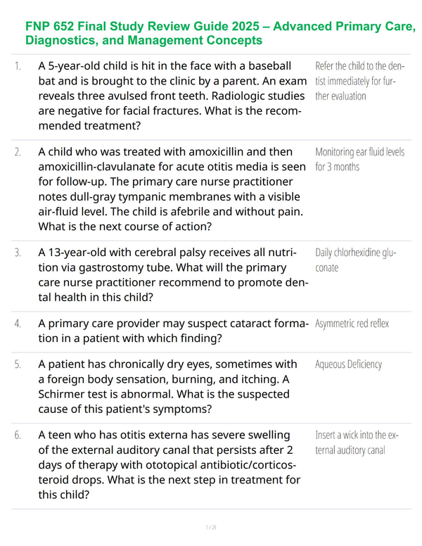 FNP 652 Final Study Guide 2025 — Advanced Review, Clinical Concepts & Structured Learning Support