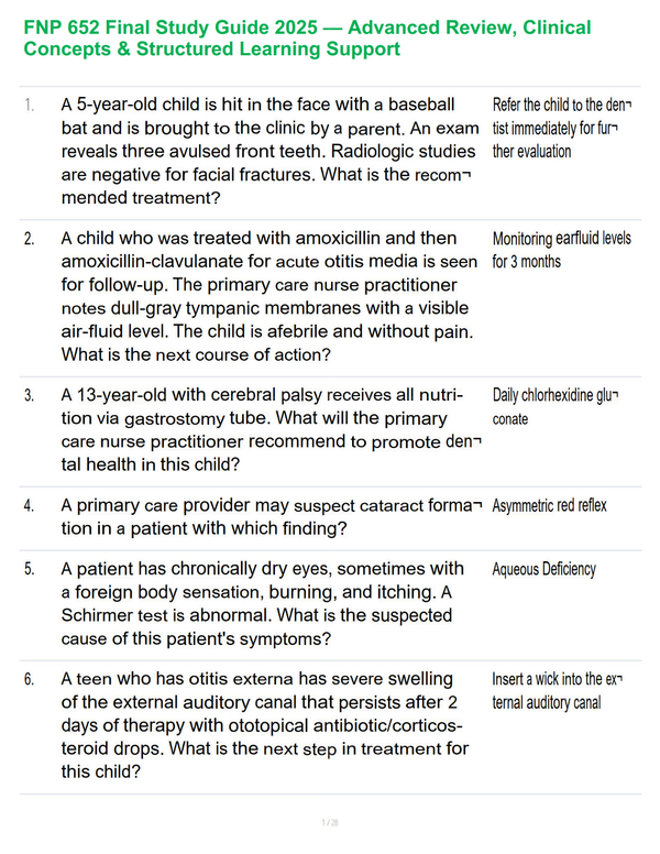 FNP 652 Final Study Guide 2025 — Advanced Review, Clinical Concepts & Structured Learning Support