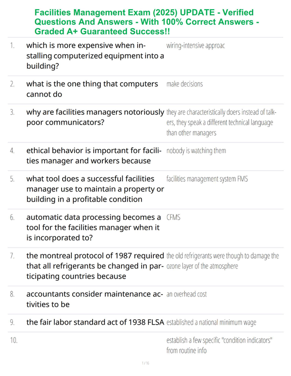 Facilities Management Exam (2025) UPDATE - Verified Questions And Answers - With 100% Correct Answers - Graded A+ Guaranteed Success!!