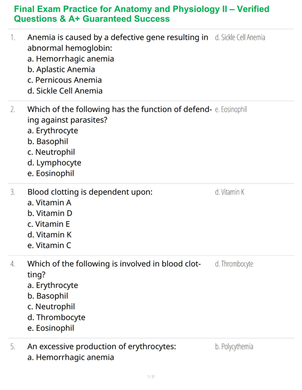 Final Exam Practice for Anatomy and Physiology II – Verified Questions & A+ Guaranteed Success