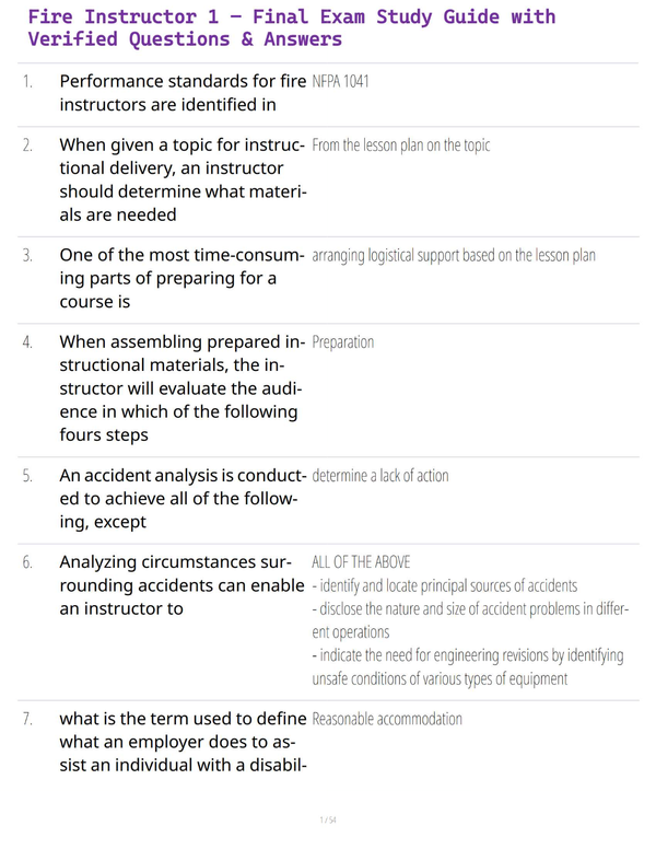 Fire Instructor 1 – Final Exam Study Guide with Verified Questions & Answers