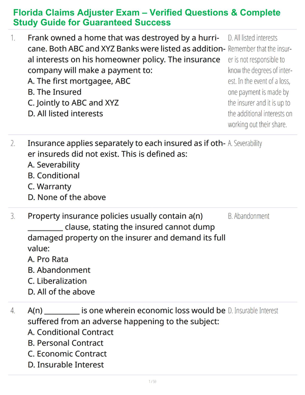 Florida Claims Adjuster Exam – Verified Questions & Complete Study Guide for Guaranteed Success