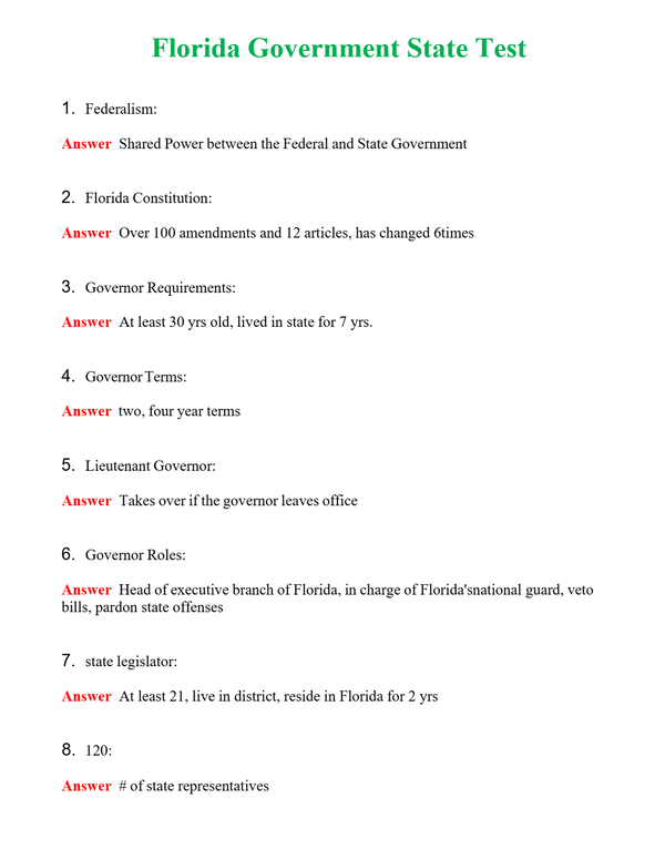 Florida Government State Test Questions With Complete Grade A+ Answers