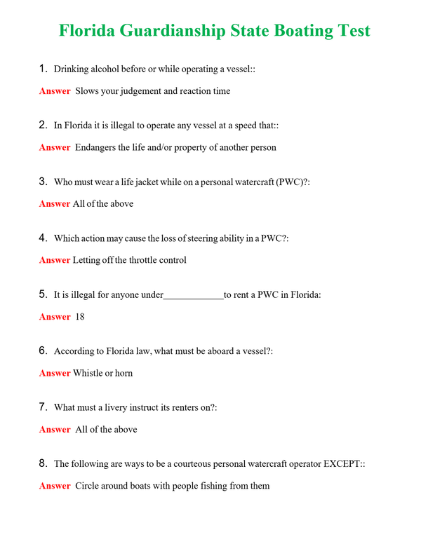 Florida Guardianship State Boating Test Questions With Complete Grade A+ Answers