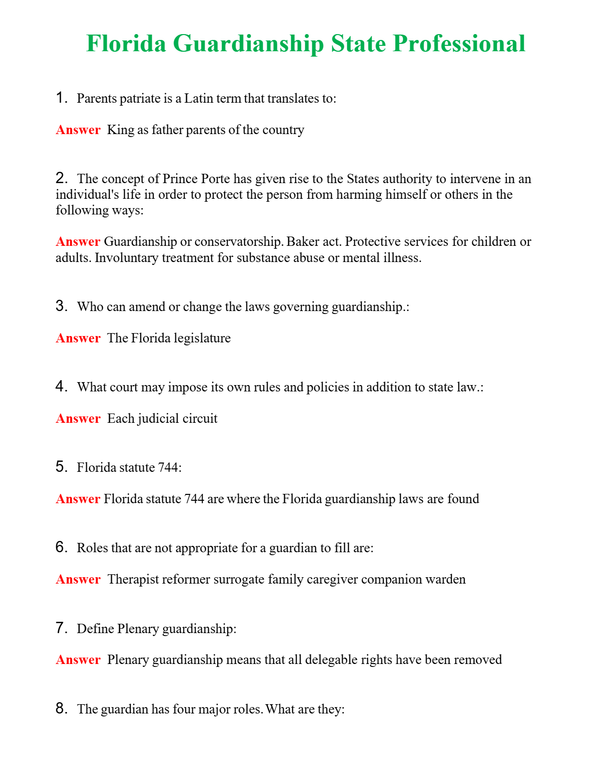 Florida Guardianship State Test-General Questions With Complete Grade A+ Answers