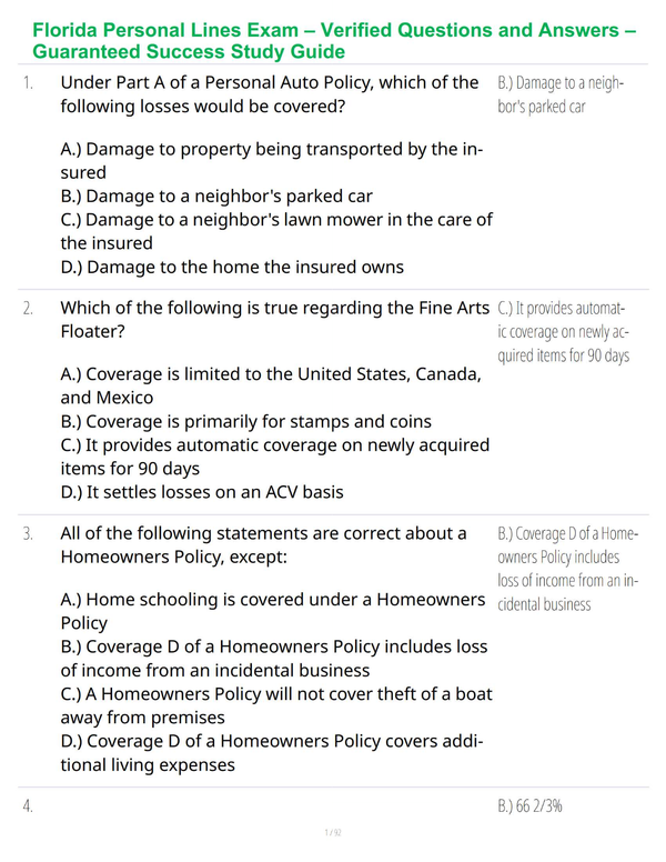 Florida Personal Lines Exam – Verified Questions and Answers – Guaranteed Success Study Guide