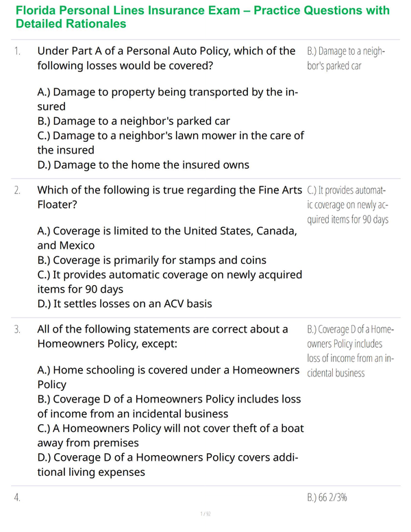 Florida Personal Lines Insurance Exam – Practice Questions & Study Guide