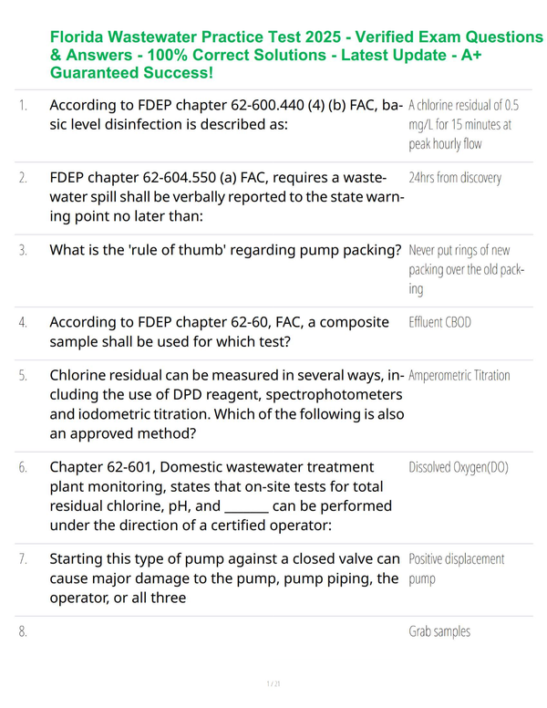 Florida Wastewater Practice Test 2025 - Verified Exam Questions & Answers - 100% Correct Solutions - Latest Update - A+ Guaranteed Success!