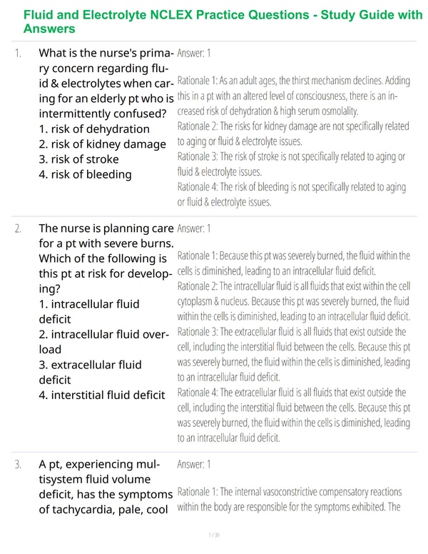 Fluid and Electrolyte NCLEX Practice Questions - Study Guide with Answers