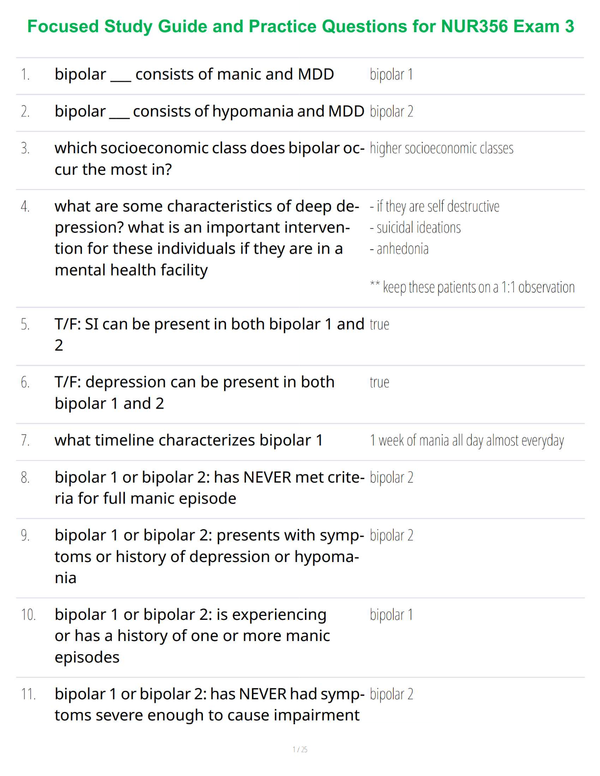 Focused Study Guide and Practice Questions for NUR356 Exam 3