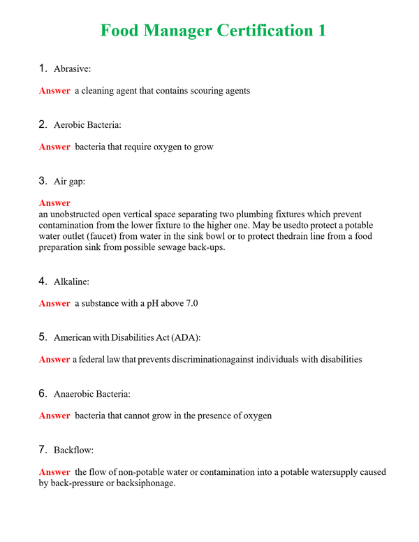 Food Manager Certification 1 | Actual Questions and Verified Answers ( Included ) 100% Correct
