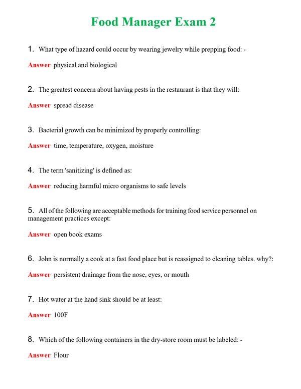 Food Manager Exam 2 | Actual Questions and Verified Answers ( Included ) 100% Correct