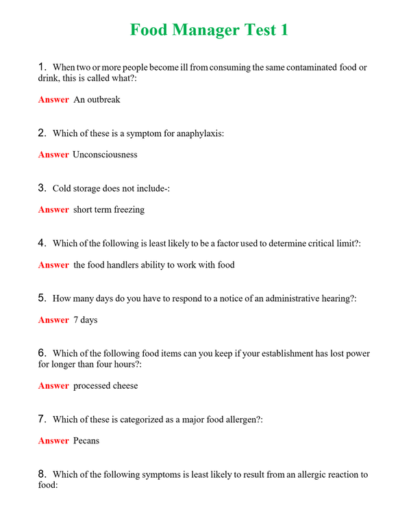 Food Manager Test 1 | Actual Questions and Verified Answers ( Included ) 100% Correct
