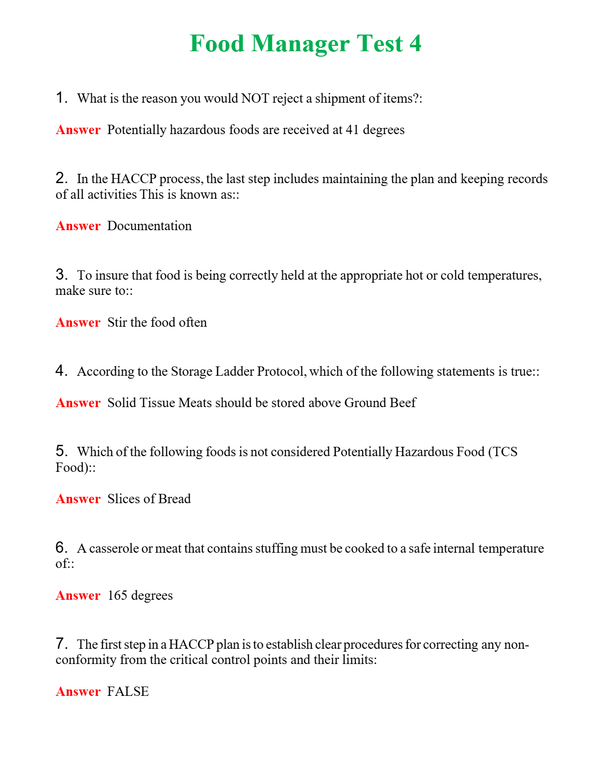 Food Manager Test 4 | Actual Questions and Verified Answers ( Included ) 100% Correct