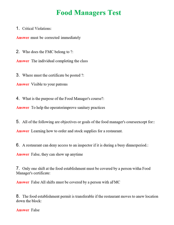 Food Managers Test | Actual Questions and Verified Answers ( Included ) 100% Correct