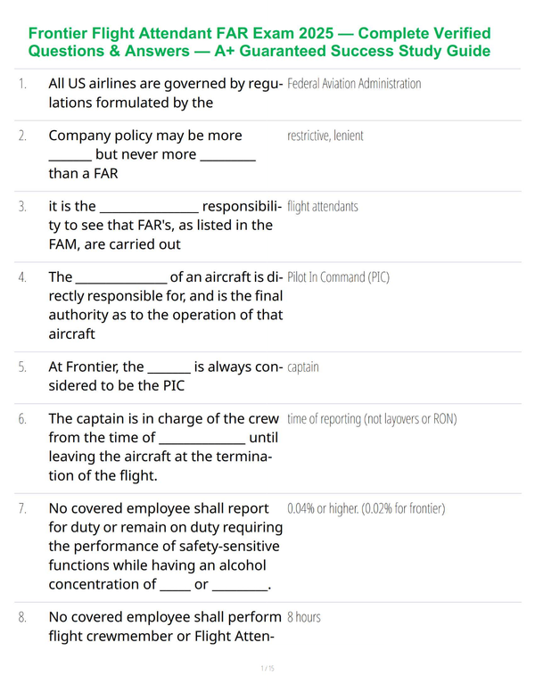 Frontier Flight Attendant FAR Exam 2025 — Complete Verified Questions & Answers — A+ Guaranteed Success Study Guide