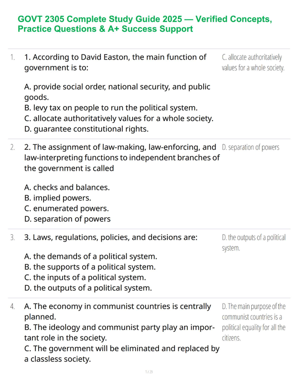 GOVT 2305 Complete Study Guide 2025 — Verified Concepts, Practice Questions & A+ Success Support
