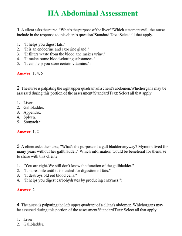 HA Abdominal Assessment Questions With Complete Grade A+ Answers