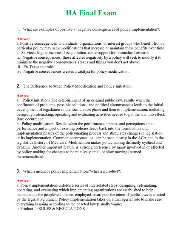 HA Final Exam Questions With Complete Grade A+ Answers