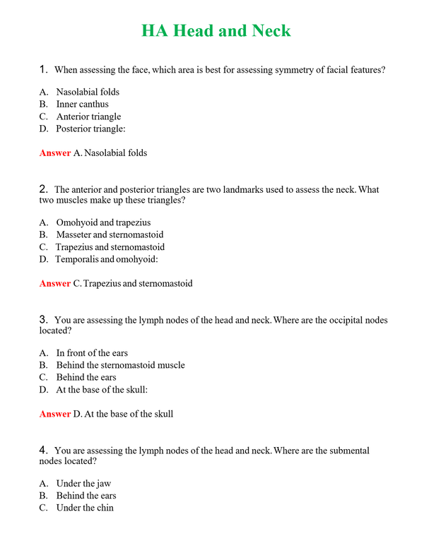 HA Head and Neck Questions With Complete Grade A+ Answers