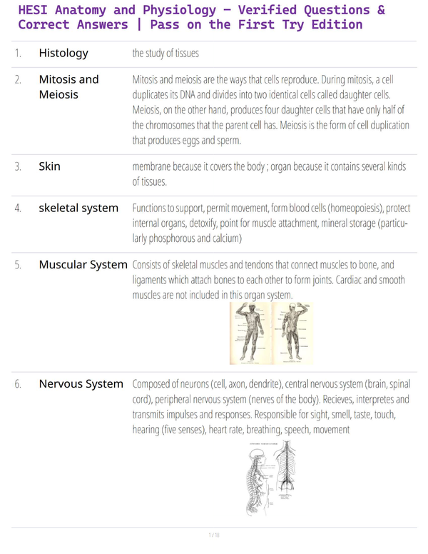 HESI Anatomy and Physiology – Verified Questions & Correct Answers | Pass on the First Try Edition
