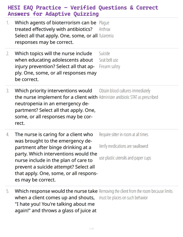 HESI EAQ Practice – Verified Questions & Correct Answers for Adaptive Quizzing