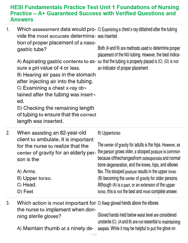 HESI Fundamentals Practice Test Unit 1 Foundations of Nursing Practice – A+ Guaranteed Success with Verified Questions and Answers