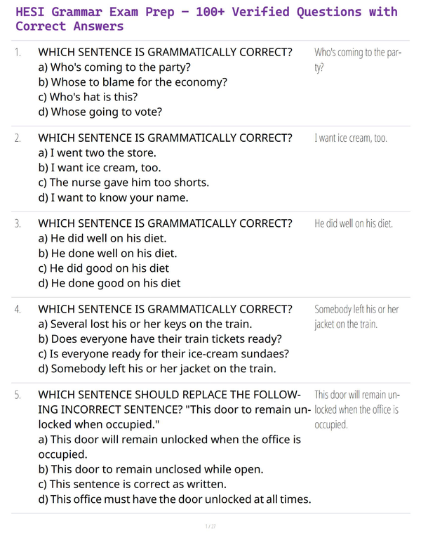 HESI Grammar Exam Prep – 100+ Verified Questions with Correct Answers