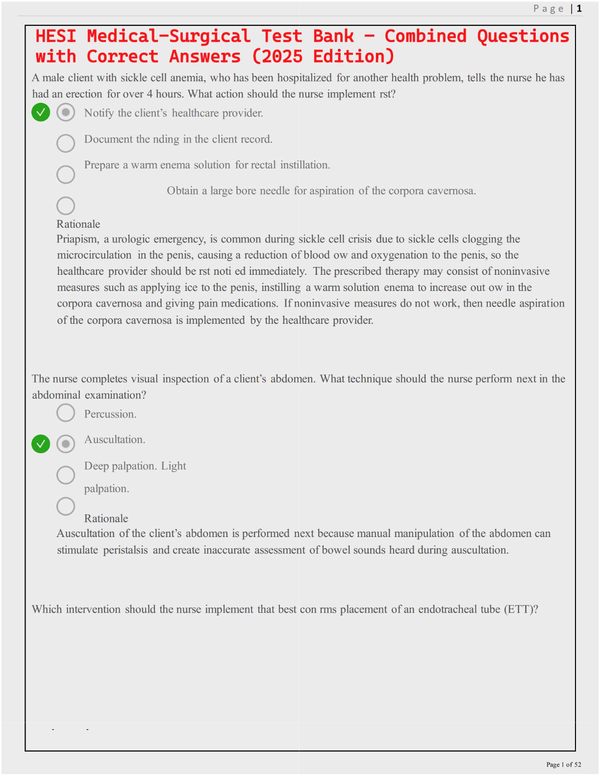 HESI Medical-Surgical Test Bank – Combined Questions with Correct Answers (2025 Edition)