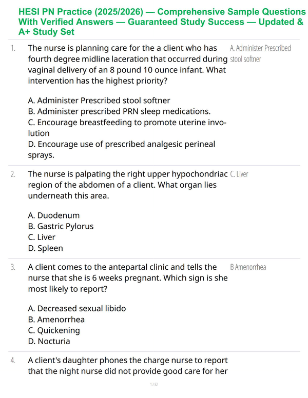 HESI PN Practice (2025/2026) — Comprehensive Sample Questions With Verified Answers — Guaranteed Study Success — Updated & A+ Study Set