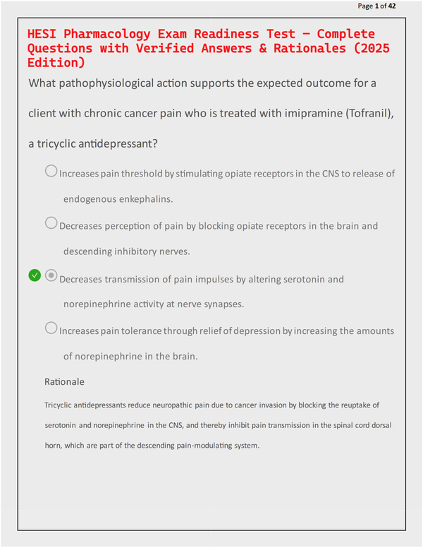 HESI Pharmacology Exam Readiness Test – Complete Questions with Verified Answers & Rationales (2025 Edition)