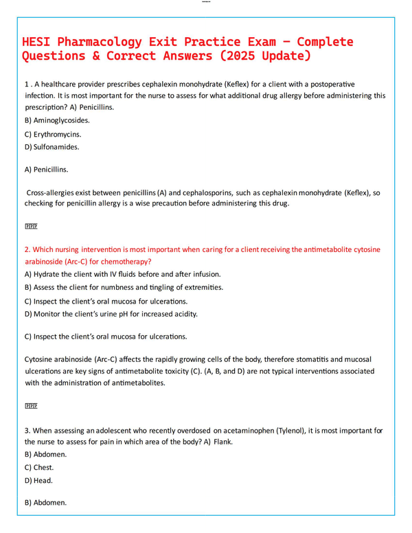 HESI Pharmacology Exit Practice Exam – Complete Questions & Correct Answers (2025 Update)