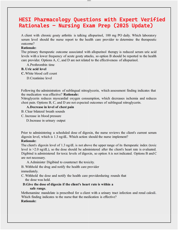 HESI Pharmacology Questions with Expert Verified Rationales – Nursing Exam Prep (2025 Update)