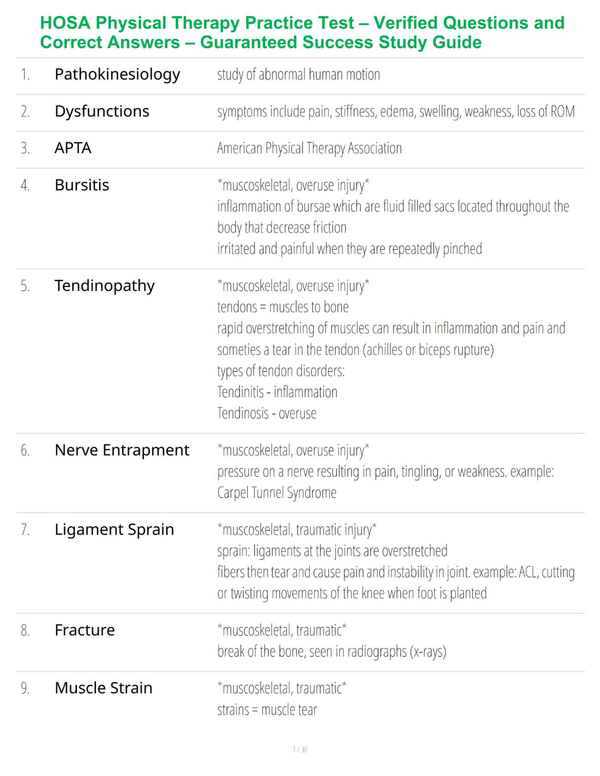 HOSA Physical Therapy Practice Test – Verified Questions and Correct Answers – Guaranteed Success Study Guide