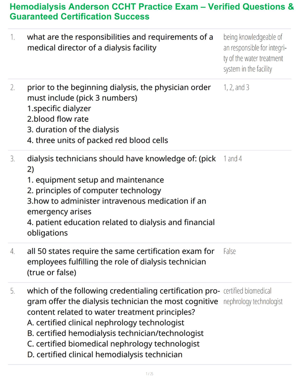 Hemodialysis Anderson CCHT Practice Exam – Verified Questions & Guaranteed Certification Success