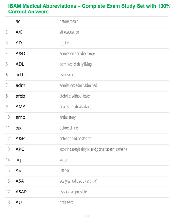 IBAM Medical Abbreviations – Complete Exam Study Set with 100% Correct Answers