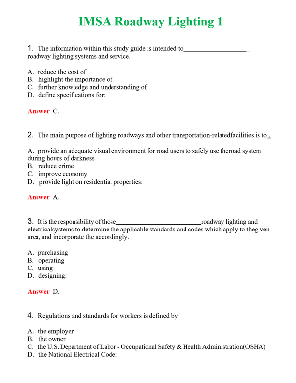 IMSA Roadway Lighting 1 | Actual Questions and Verified Answers ( Included ) 100% Correct Document Content and