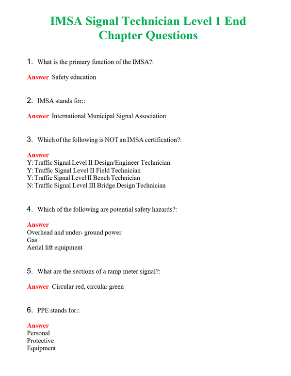 IMSA Signal Technician Level 1 End Chapter Questions | Actual Questions and Verified Answers ( Included ) 100% Correct