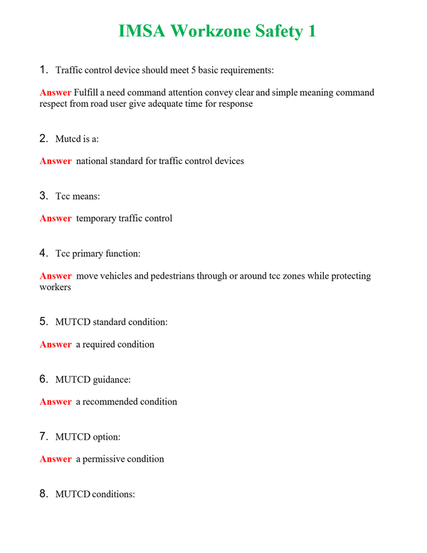IMSA Workzone Safety 1 | Actual Questions and Verified Answers ( Included ) 100% Correct