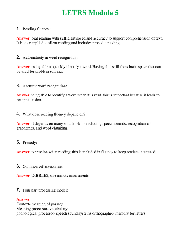 LETRS Module 5 Questions With Complete Grade A+ Answers