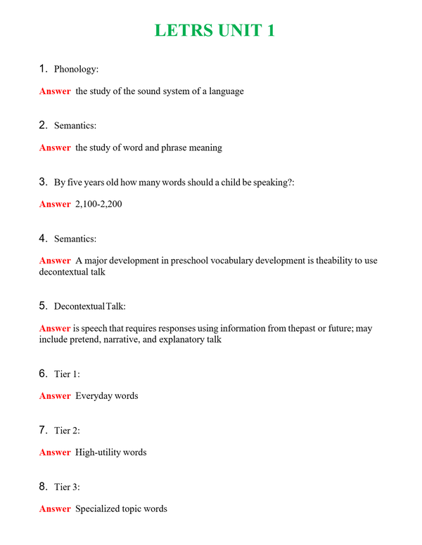 LETRS UNIT 1 Questions With Complete Grade A+ Answers