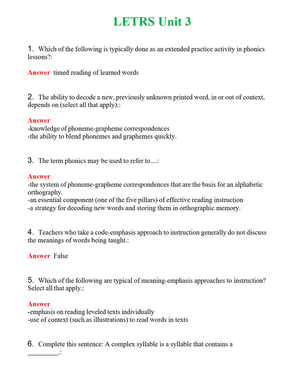 LETRS Unit 3 Questions With Complete Grade A+ Answers